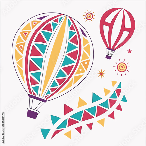 Colorful hot air balloons and stars