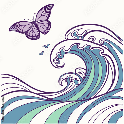Butterfly over waves
