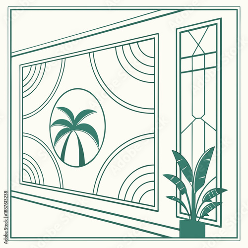 Tropical window with palm tree