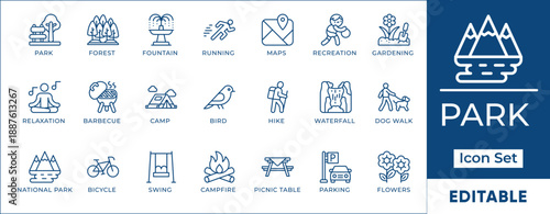 National Park Outdoor Recreation Eco Tourism Wayfinding Line Icon Set Editable Stroke