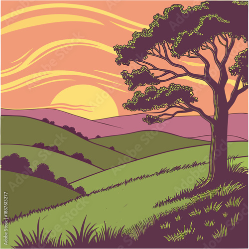 Serene sunset over rolling hills