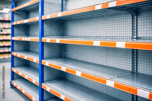 photo of empty industrial-style metal shelving with no products present, emphasizing large-scale inventory shortages, disrupted supply systems, and economic vulnerability