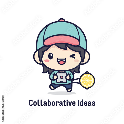 Cartoon character with lemon tennis racket and robot