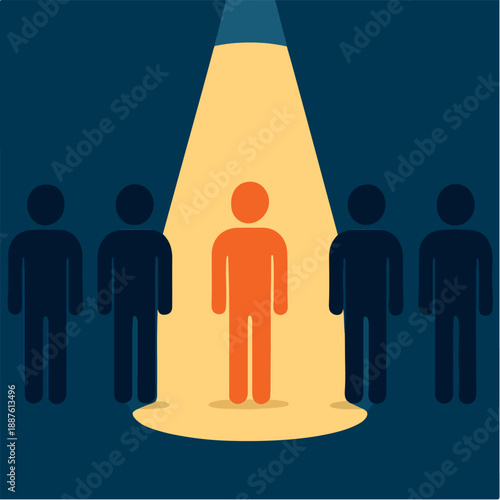 PrintA singular individual illuminated by a bright spotlight, standing out from the dark crowd