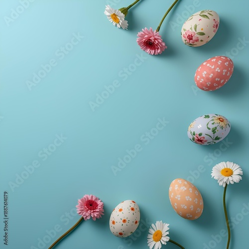 Creative layout made with colorful flowers and Easter eggs. Minimal nature background. Spring holidays concept.