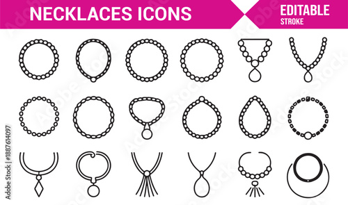 Necklace jewelry outline icons set in editable vector style