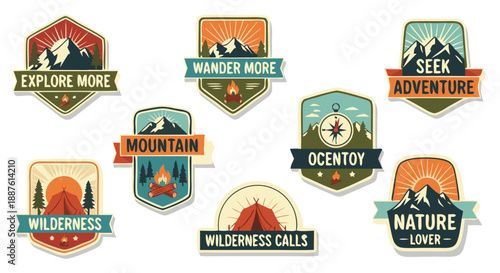 Collection of Adventure and Nature-themed emblems and stickers with inspirational travel slogans