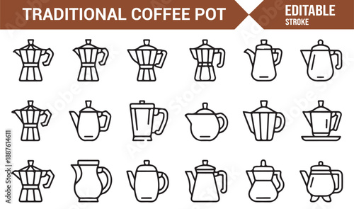 Vintage coffee brewing pot icons set isolated on white