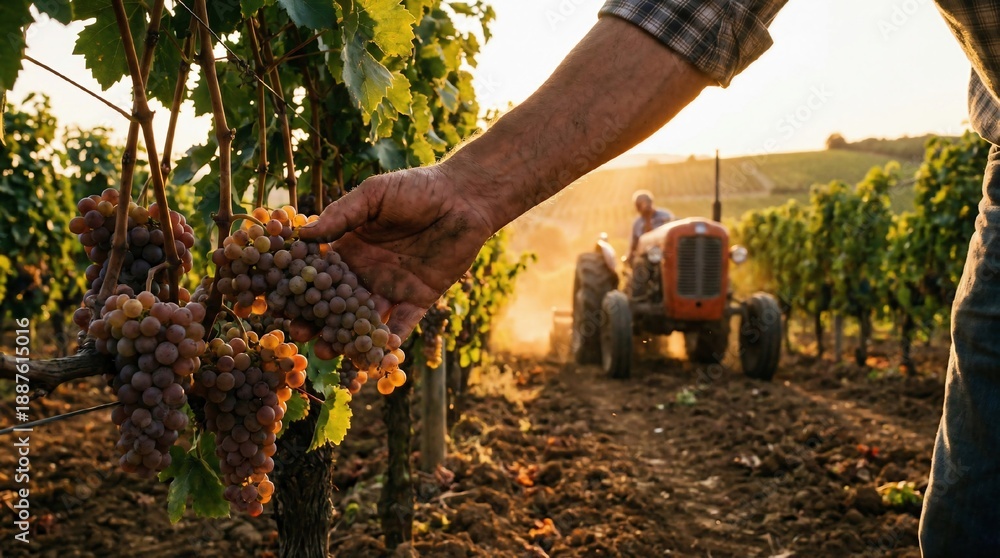 Obraz premium Farmer's Hand Touching Grapevines in Golden Vineyard with Tractor