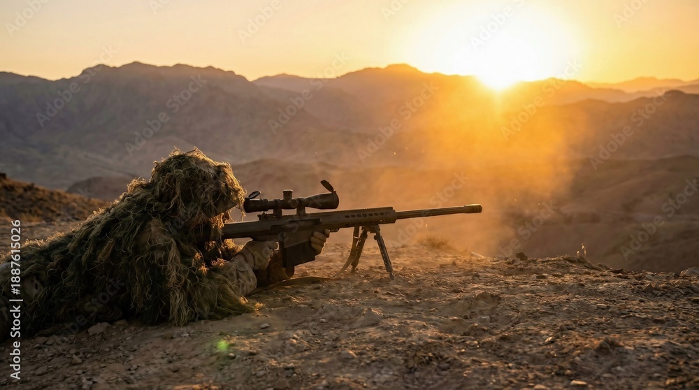 Fototapeta premium Military sniper aiming during golden hour with strong sun flare