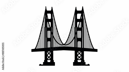 Simple black silhouette illustration of a suspension bridge with two towers against a white background.