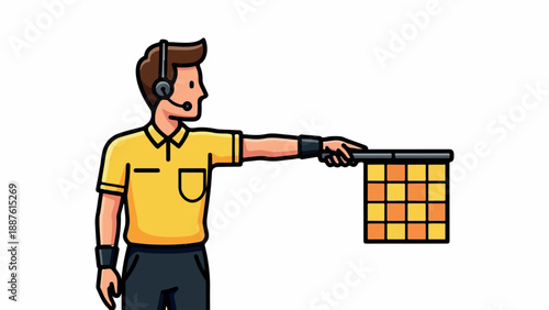 A cartoon man in a yellow shirt holding a color chart on a stick with a headset on, against a clean white background with a graphic style.