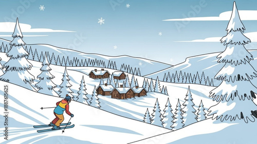 Person skiing down a snowy mountain slope towards a village winter landscape illustration for travel and recreation concepts