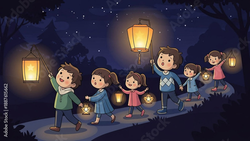 Children walking at night holding lanterns a festive parade with glowing lights in a forest setting illustration for celebration and tra