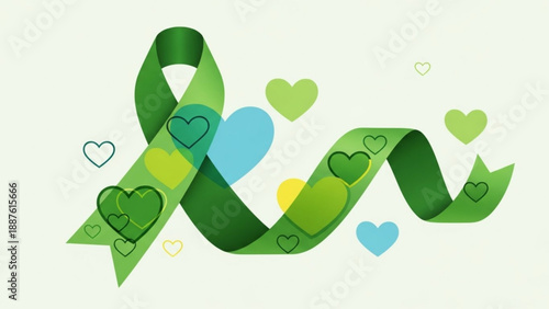 Green awareness ribbon with hearts symbolizing support and hope for health causes isolated on a light background