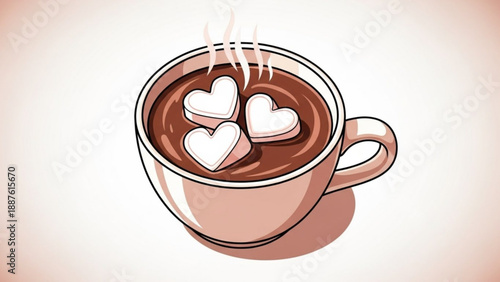 Hot chocolate in a mug with heart-shaped marshmallows steaming beverage for cozy winter or Valentines Day isolated on white