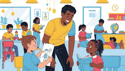 Diverse children learning and playing in a bright classroom with a male teacher concept of education and childhood development
