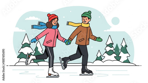 Couple ice skating hand in hand in a winter landscape flat vector illustration for seasonal greetings and holiday promotions