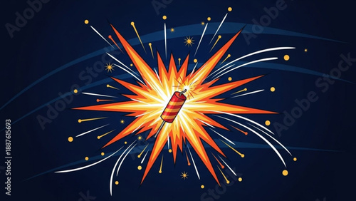 Firecracker exploding with bright orange light and sparks festive celebration concept graphic illustration on dark background