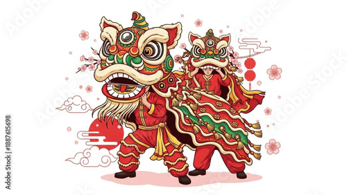 Traditional Chinese lion dance performance vibrant illustration for Lunar New Year celebrations and cultural events isolated on white