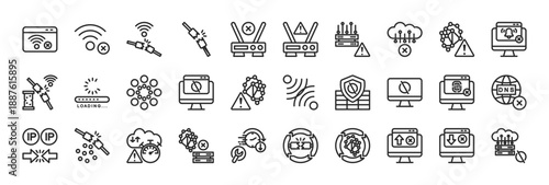 network trouble icon collection outline style. containing no internet screen, weak wifi signal, disconnected wifi, broken network cable, router error