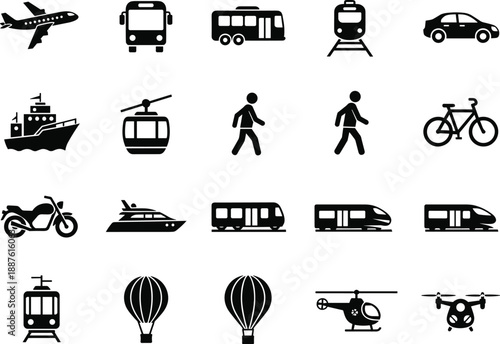 Black Silhouette Icons of Diverse Transportation Modes. Land, Air, Water, Public Transit, Personal Travel, and Mobility Symbols