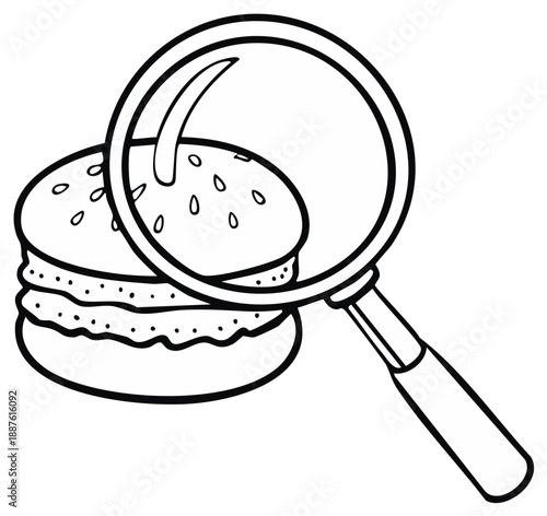 Magnifying glass examining a detailed hamburger outline with sesame seeds