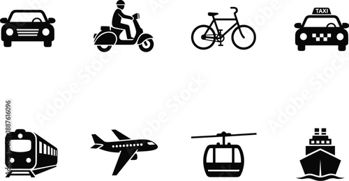 Comprehensive Silhouette Icons of Global Transportation Modes. Land, Air, Water, and Cable Systems for Travel, Mobility, and Planning
