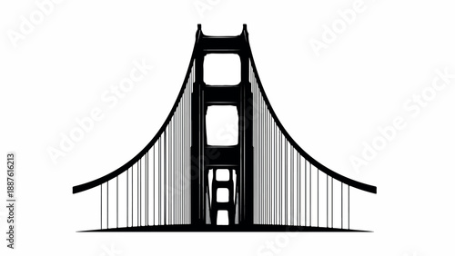 Iconic suspension bridge in black silhouette against a white background with a minimalist composition.