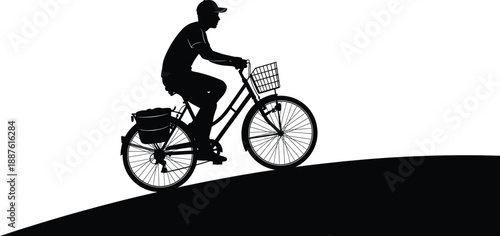 Silhouette of Cyclist Pedaling Uphill with Front Basket and Rear Storage, Representing Effort, Journey, Urban Mobility, and Outdoor Activity
