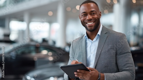 Wallpaper Mural Businessman holds tablet car dealership Torontodigital.ca