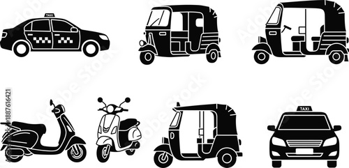Urban Transport Silhouettes Featuring Taxi, Auto Rickshaw, and Scooter in Multiple Views for Regional Mobility and Design Applications