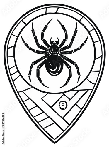 Stylized Vector Spider Icon in Art Deco Style Geolocation Pointer Silhouette on White