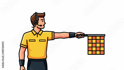 A cartoon man in a yellow shirt holding out a color chart on a stick against a white background with a graphic style.