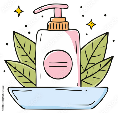 Eco Friendly Soap Dispenser Bottle with Green Leaves and Sparkles Doodle Art
