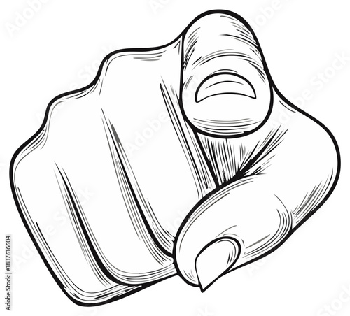 Outlined hand pointing forward with index finger, vintage line art style.