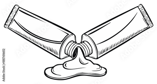 Two open tubes of paint or cream spilling liquid substance onto a flat surface