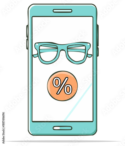 Eyewear online shopping concept with glasses and a percent discount icon on a smartphone screen illustration