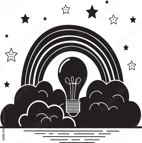 A charming black and white illustration depicts a rainbow arching over fluffy clouds with a glowing light bulb nestled within surrounded by twinkling stars