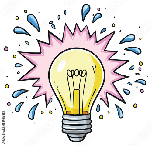 Creative Idea Light Bulb with Glowing Flash and Splashes Cartoon Illustration