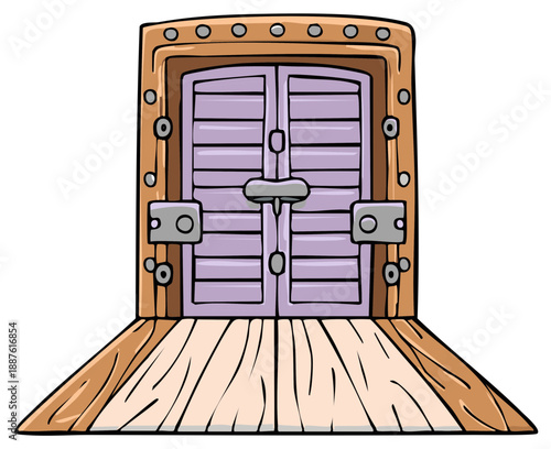 Illustrated fantasy wooden double doors with a metal lock and ramp