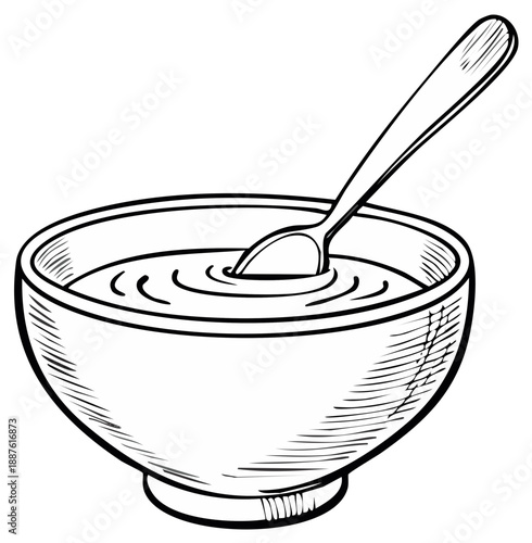 Bowl of soup with spoon inside in a sketch style