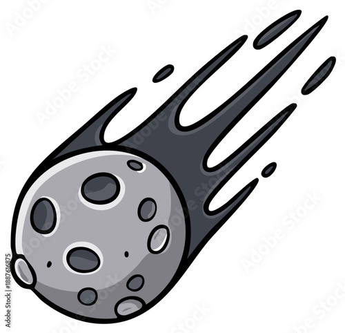 Grey cartoon space rock with motion lines and dark smoky tail representing speed and cosmic travel illustration