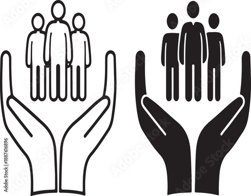 A simple black and white graphic depicts two large hands cradling groups of people symbolizing protection care support and community engagement in a minimalist style.