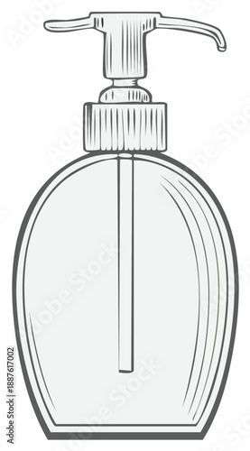 Soap dispenser illustration, vector outline with pump and transparent bottle.