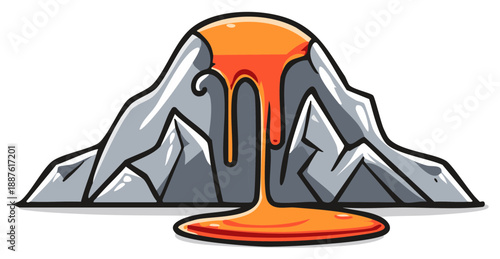 Stylized Cartoon Volcano Erupting Molten Lava Flowing Down Mountain Slopes