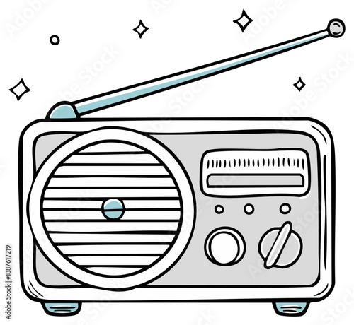 Hand drawn illustration of a retro portable radio receiver with antenna and sparkles