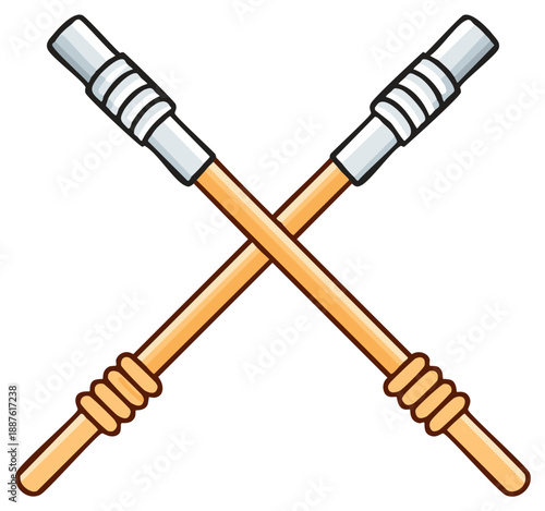 Crossed bo staffs for martial arts training and self defense symbol with grip, simple vector weapon, traditional fighting sticks