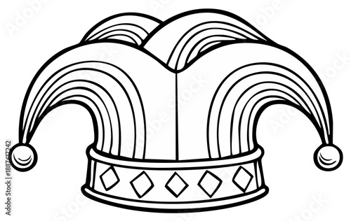 Black and White Jester Hat with Bells and Diamond Pattern Outline