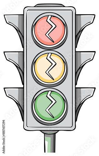 Faulty cartoon traffic light showing all colors with cracks indicating it is out of order and needs repair